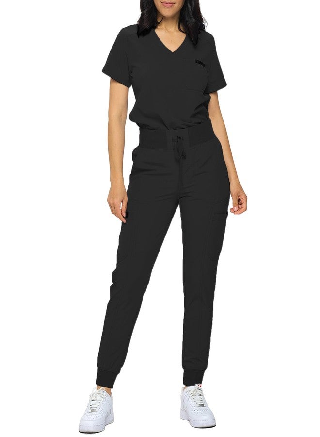 Monarch Uniforms Slim Fit Stretchy Scrubs Women's Jogger Scrub Set Slim Jogger Scrubs with Tuck-In Top for Women (BLACK-S) - Image 1